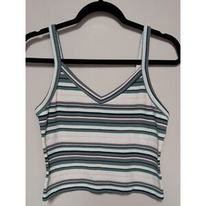SO Striped V-Neck Cropped Tank Top - Mint, Pink & Navy